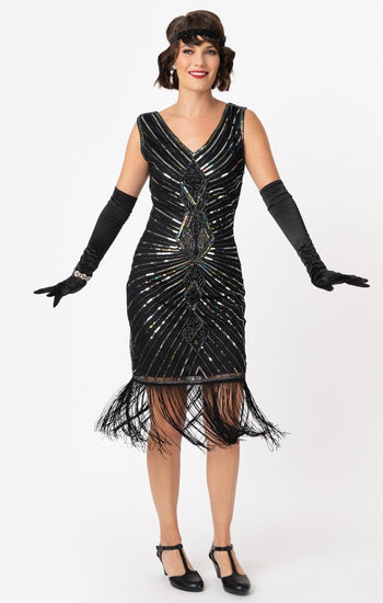 1920s Black and Silver Beaded Flapper Dress With Long Fringe-Dacquoise - Blanche's Place